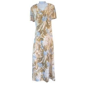 Vintage 90s Floral Maxi Dress Neutral Blue Abstract V Neck Summer Ethereal Fairy